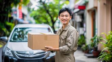 smiling delivery asian man holding cardboard box mockup space in urban residential area. He is in uniform standing in front of car. illustrating package delivery, logistics and customer service photo