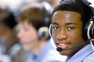 confident professional black young man wearing headset assists in call center or customer support environment. customer service, remote work, tech support theme photo