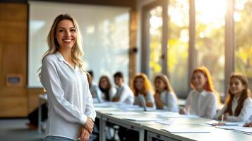happy female teacher in a classroom setting, a woman is standing before a group of students who are seated at tables. The atmosphere seems engaging and interactive photo