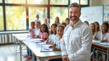 A teacher is cheerfully standing in front of a classroom filled with smiling children, in an academic institution setting, back to school concept photo