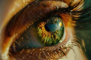 Close-up macro shot of vibrant green eye, intricate details of iris and eyelashes. beauty and complexity of human vision, ideal for use in health, beauty, technology-related projects photo
