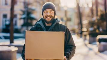cheerful delivery man holding cardboard box with mockup free space, dressed warmly in winter clothing. depicting package delivery services, logistics, customer satisfaction during holiday season photo