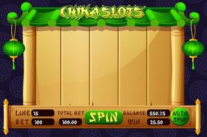 Casino slot machine game UI design for the Chinese-themed Casino Game. The game user interface is cartoon-style with basic buttons for your designs vector