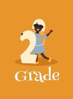 Back to school. Little girl holding on to the big number two. Template for design. Funny cartoon characters. illustration on orange background. vector
