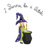 Cute little witch brewing potion in cauldron illustration. Witchery and sorcery concept. Happy Halloween greeting card design template vector