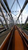 FPV fast flight over the railway bridge in summer. video