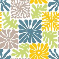 Seamless patchwork pattern with retro groovy flowers and leaves. Summer simple abstract design in naive art style vector