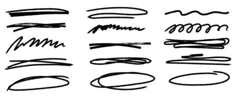 Collection of various underlines, strike throughs, ovals and crossed lines. Set of scribble childish style doodle lines. Hand drawn sketch elements for diagrams and school templates. vector