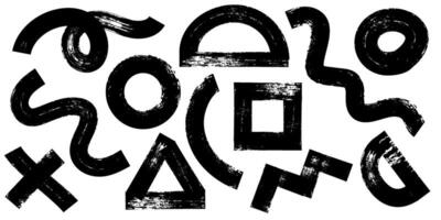Collection of black charcoal graffiti various geometric shapes. Bold marker brush drawn curved doodle elements for templates and collages. Punk and grunge style vector