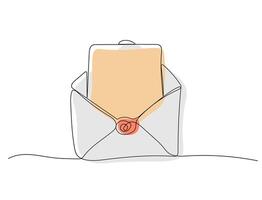 Continuous one line drawing of open envelope with letter vector