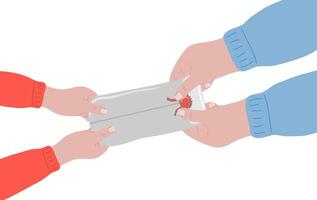 Hands giving envelope to another hands. Hands holding mail vector