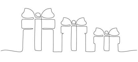 Merry Christmas decoration. Wavy line with gifts boxes. Greeting present package. Continuous one line art drawing. vector