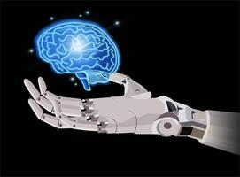 Graphic of robot mechanical hand with brain symbol and futuristic elements. Machine learning or artificial intelligence technology. Artificial Intelligence futuristic design concept vector