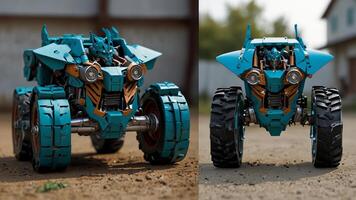 two different images of a toy car with wheels photo