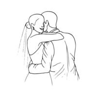 bride smiles with her hand on the shoulder of the groom who is hugging her - hand drawn minimalistic illustration vector