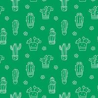 Plants pattern. Flowers pattern. Seamless pattern of cactuses in doodle style on green background. vector