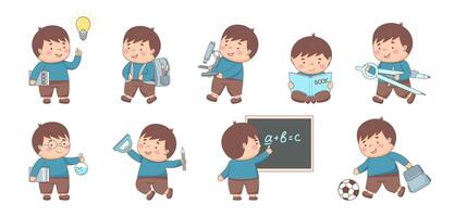 Childrens school. Set of schoolboys with school elements isolated on white. Back to school concept. Children supplies cute. vector