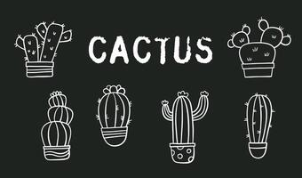 Set of cactuses in doodle style isolated on black background. Black chalkboard with hand drawn plants. vector
