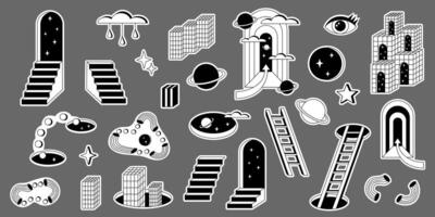 Surrealism elements set isolated on white background. Surrealism stickers set. Psychedelic elements set. vector