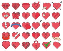 Red hearts with an outline. Heart with different patterns. Creative romantic symbols of different shapes isolated on white background. vector