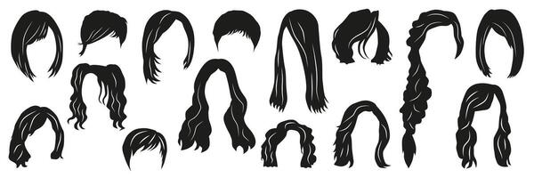 A collection of women's hairstyles of various forms. Wigs for creating different images. vector