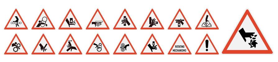Set of ISO warning signs hand crushing force. Be attentive. Hand chewing. Hand mutilation. vector