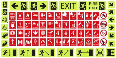 Commonly used signs in case of fire. Emergency exit and action in case of fire. vector
