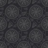 Citrus slices of lemon, orange with white outline on a black background. Seamless cute modern pattern. vector