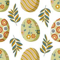 Painted Easter eggs and spring twigs and leaves form a seamless pattern for textiles, wrapping paper. vector