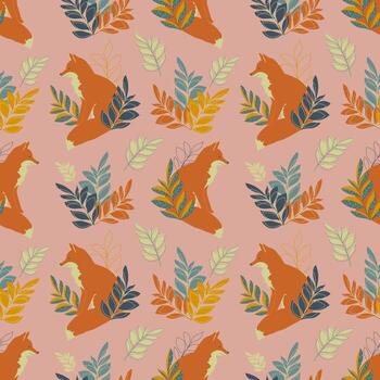 Red fox sits in fantasy branches with leaves and forms a seamless pattern for textiles. vector