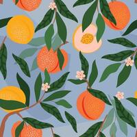 Fruits and flowers of peaches with leaves on a branch form a seamless pattern on a blue background for fabrics, textiles and wrapping paper. vector