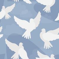 Peaceful white doves against the background of a clear blue sky with clouds form a seamless pattern. vector
