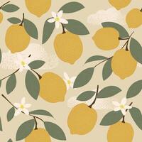 Fruits and flowers of lemons with leaves on a branch form a seamless pattern on a light beige background for fabrics, textiles and wrapping paper. vector