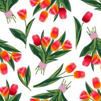 Bouquet of scarlet tulips with green leaves on a white background form a spring seamless pattern for textiles and wrapping paper. vector