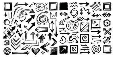 Arrow line hand drawn brush set. Grunge square, spiral, arrow element scribble line brush hand drawn sketch design. Grunge abstract chalk style. illustration white background. vector