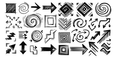 Arrow line hand drawn brush set. Grunge square, spiral, arrow element scribble line brush hand drawn sketch design. Grunge abstract chalk style. illustration white background. vector