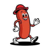 illustration of a sausage mascot wearing a hat and walking while smiling vector