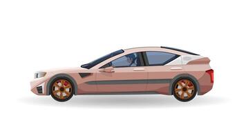 Sedan car with driving man inside car. with shadow of car on reflected from the ground below. vector