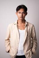 Young man in beige shirt with neutral expression photo