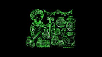 Glowing looping Kwanzaa day African art and crafts. neon frame effect, black background. video