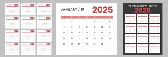 Set of table and wall calendars for 2025, week Starts on Sunday. Wall calendar 2025 in a minimalist style. vector