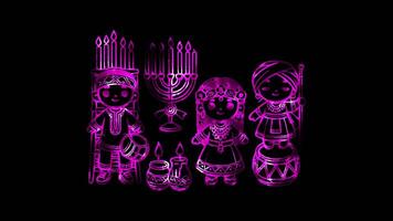 Glowing looping Kwanzaa day Kwanzaa decorations with mkeka and vibunzi. neon frame effect, black background. video