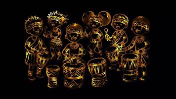 Glowing looping Kwanzaa day African drummers and dancers . neon frame effect, black background. video