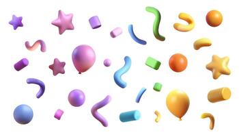 Party clappers confetti 3d , shapes. Birthday or carnival fireworks or popper paper streamers, star and elements for greeting design. Different colors, celebration. vector
