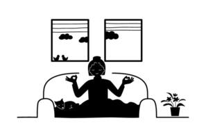 Silhouette of a happy introvert woman doing meditation on a couch at home with a dog. vector