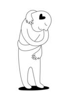 Outline drawing of a cartoon character do smiling and self-hug in self love concept. vector