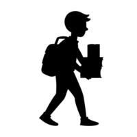 Silhouette of schoolboy with backpack and books on white background vector
