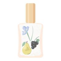 Perfume bottle, isolate on white, muted colors, flat style, pear, currant, iris flower vector