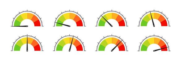 Colorful Speedometer Set. Measurement Gauges for Apps and Websites. vector