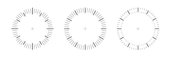 Clock face circle. Template analogue watches, thermometer degree or weight measuring. Speedometer or chrono meter, dot marked time scale vector